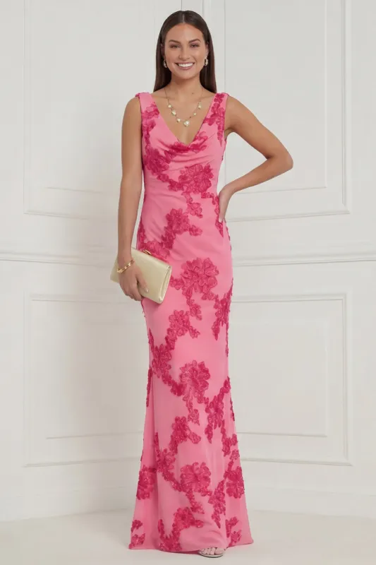 Hot Pink Floral Mermaid V Neck Long Bridesmaid Dress made by Wedtrend
