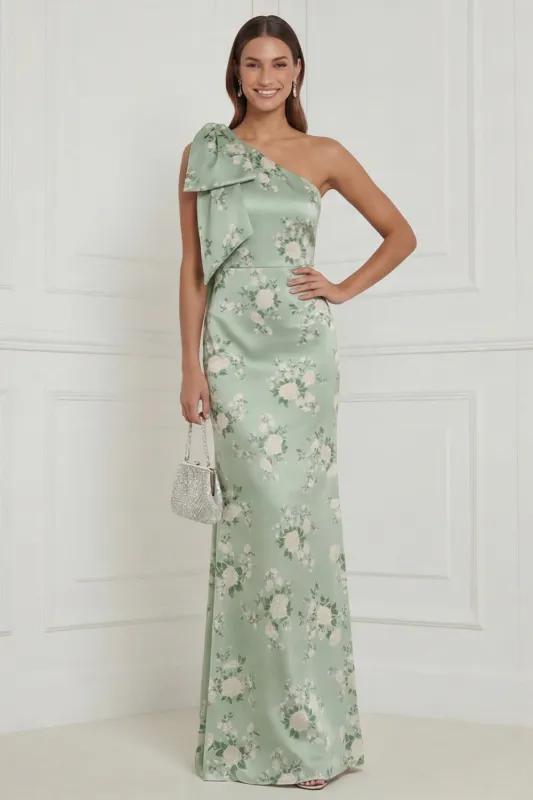 Sage Green One Shoulder Sheath Floral Long Bridesmaid Dress with Bow made by Wedtrend