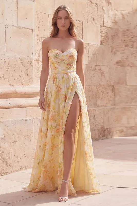 Yellow Strapless Printed Ruched A Line Prom Dress with Slit made by Wedtrend