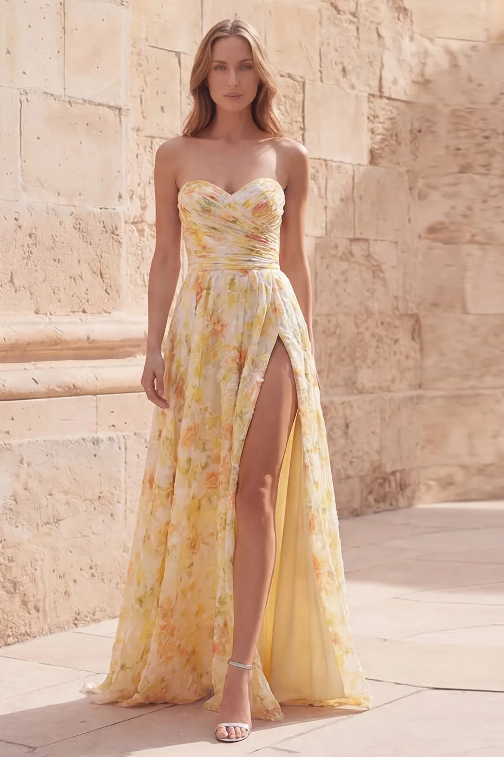 Yellow Strapless Printed Ruched A Line Prom Dress with Slit sold by Wedtrend