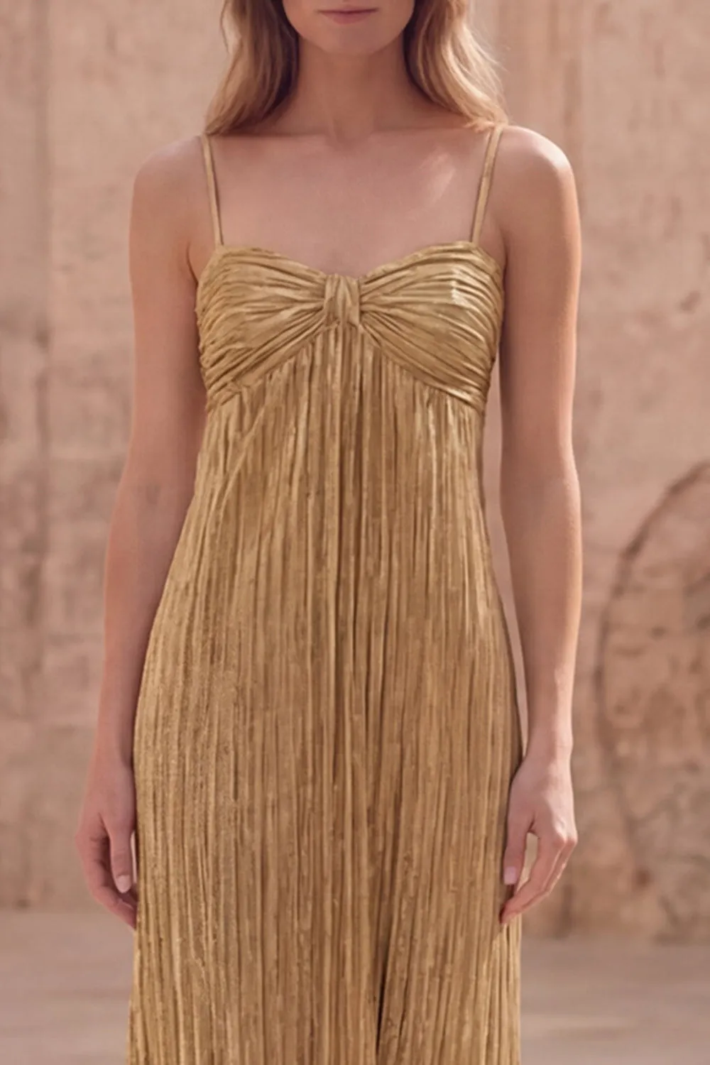 Gold Metallic Pleated Spaghetti Straps Maxi Prom Dress sold by Wedtrend product image thumbnail 4