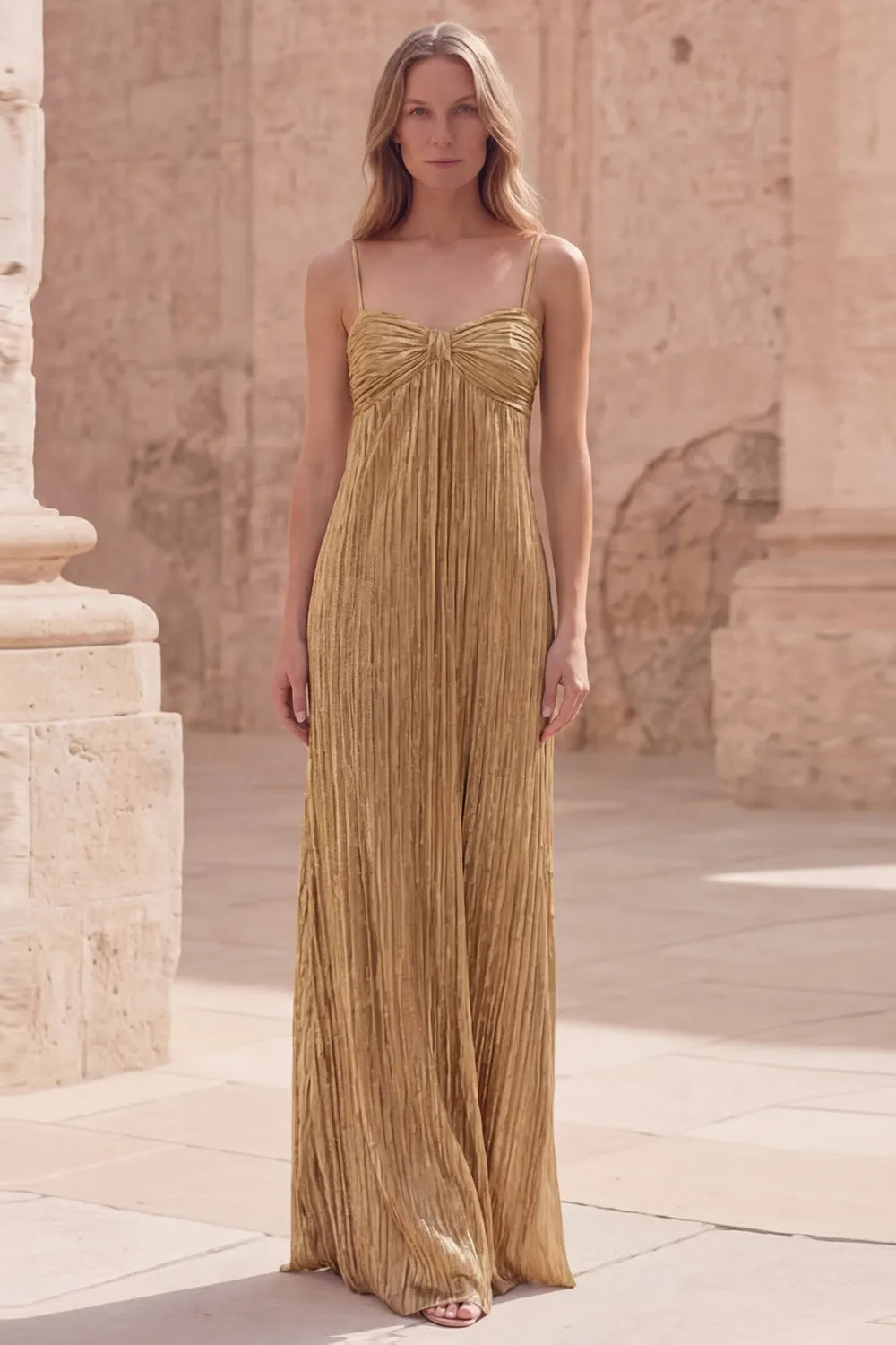Gold Metallic Pleated Spaghetti Straps Maxi Prom Dress sold by Wedtrend