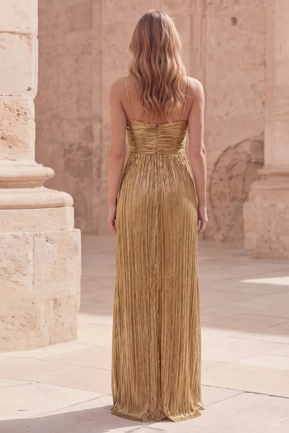 Gold Metallic Pleated Spaghetti Straps Maxi Prom Dress sold by Wedtrend product image thumbnail 2