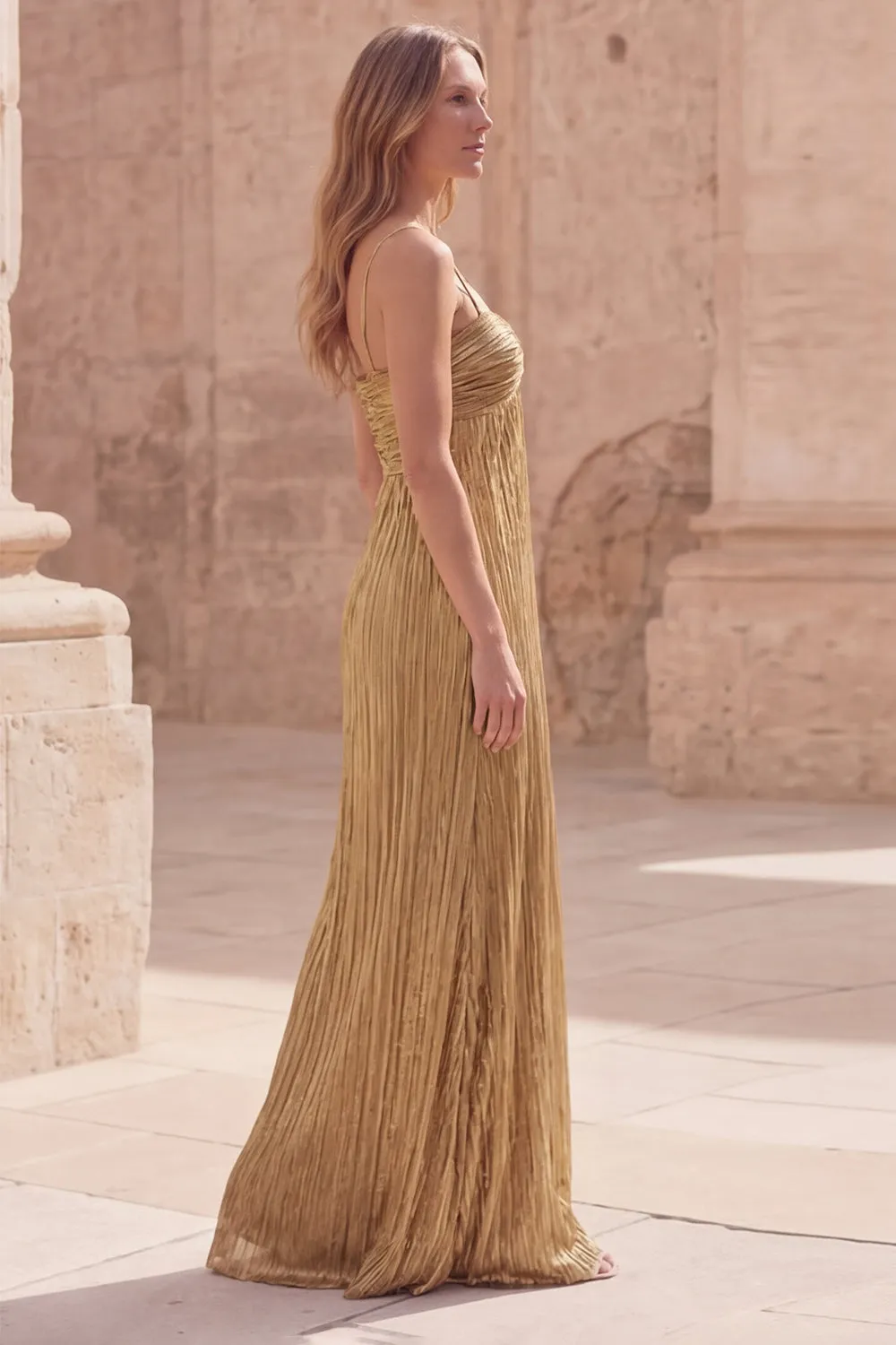 Gold Metallic Pleated Spaghetti Straps Maxi Prom Dress sold by Wedtrend product image thumbnail 3