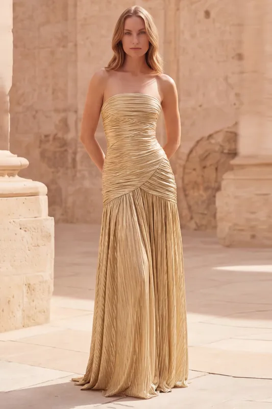 Strapless Metallic Gold Ruched A Line Maxi Prom Dress made by Wedtrend