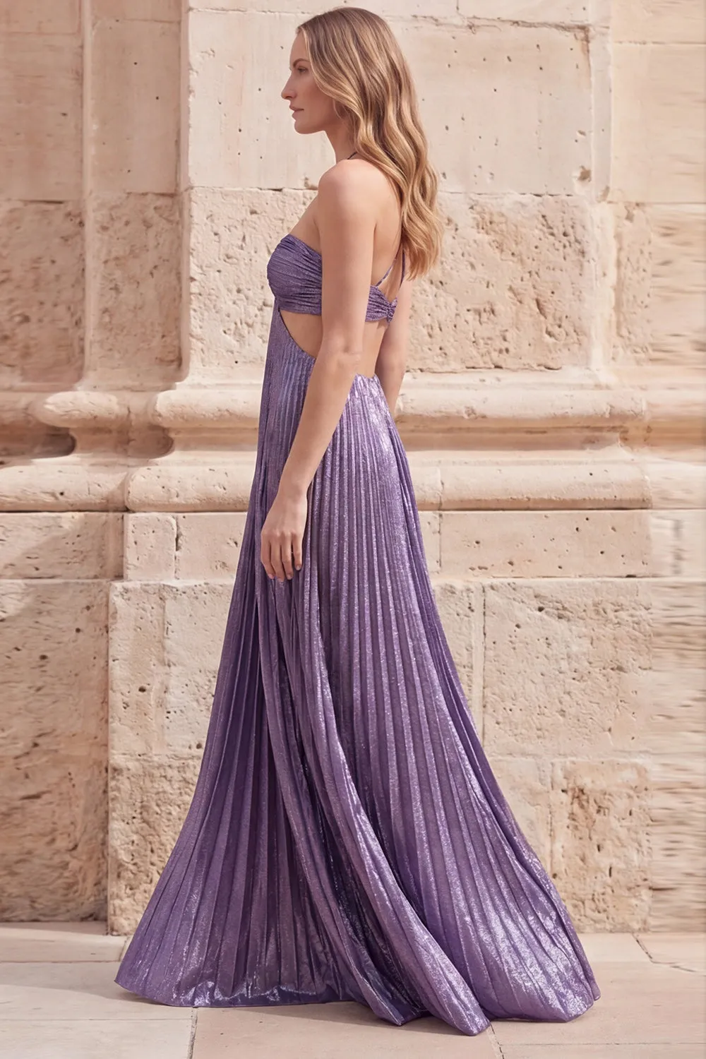 Purple Metallic Halter Cut Out A Line Pleated Maxi Prom Dress sold by Wedtrend product image thumbnail 3