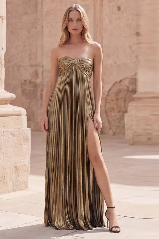 Metallic Strapless Dark Gold Pleated Prom Dress with Slit made by Wedtrend