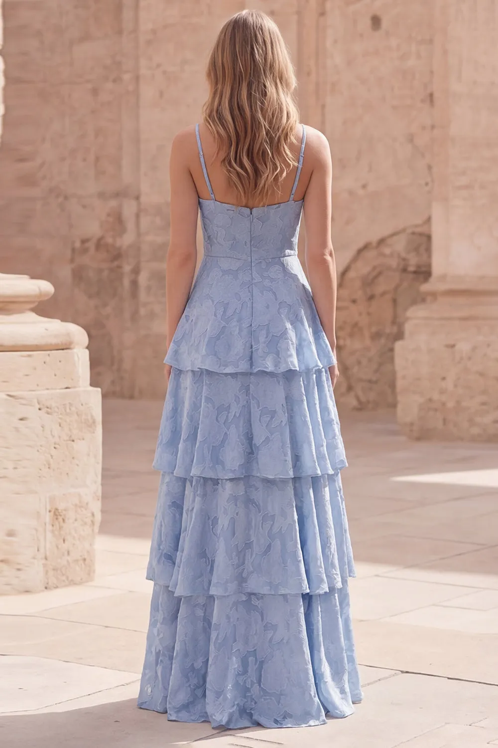 Tiered Jacquard A Line Dusty Blue Bridesmaid Dress sold by Wedtrend product image thumbnail 2