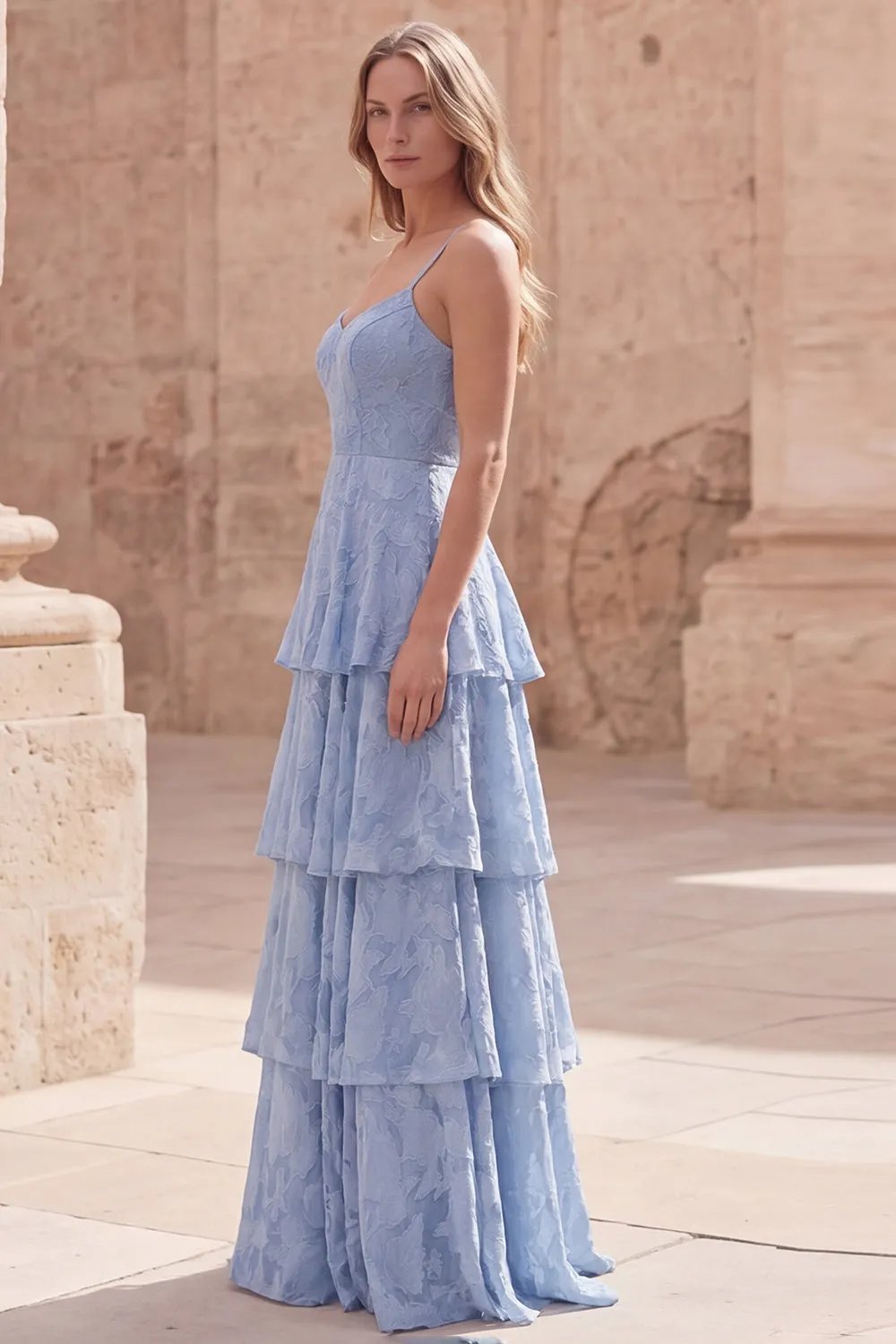 Tiered Jacquard A Line Dusty Blue Bridesmaid Dress sold by Wedtrend product image thumbnail 3