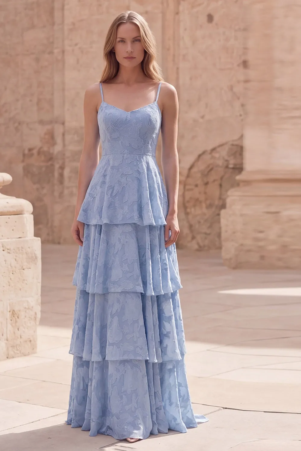 Tiered Jacquard A Line Dusty Blue Bridesmaid Dress sold by Wedtrend