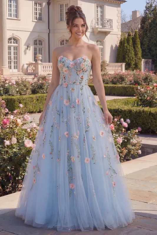 Strapless Floral Blue Corset A Line Tulle Long Prom Dress made by Wedtrend