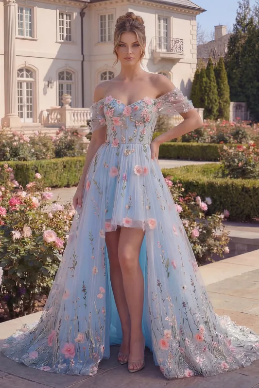 Blue Floral Off the Shoulder Tulle High Low Prom Dress made by Wedtrend