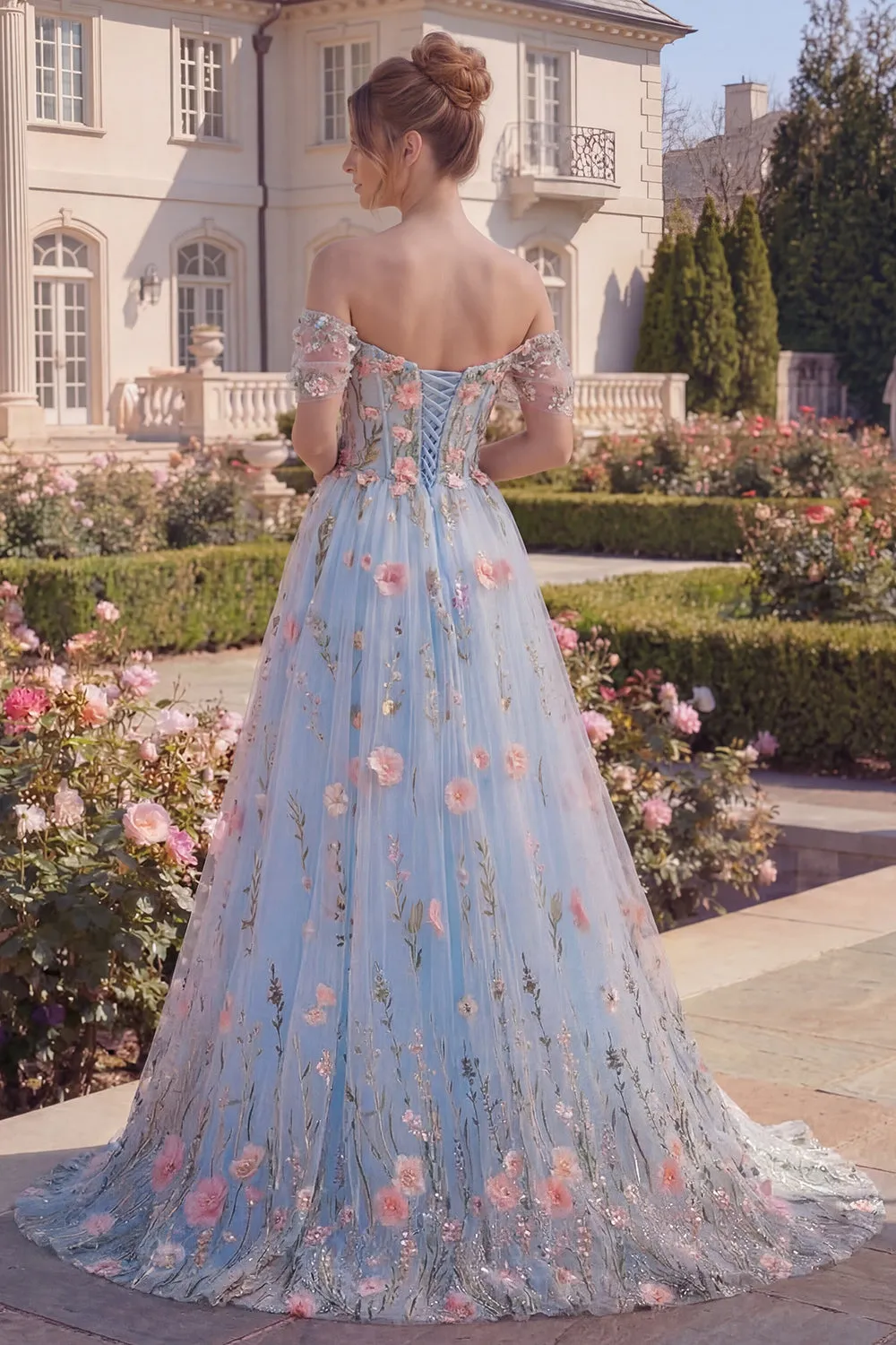 Blue Floral Off the Shoulder Tulle High Low Prom Dress sold by Wedtrend product image thumbnail 2