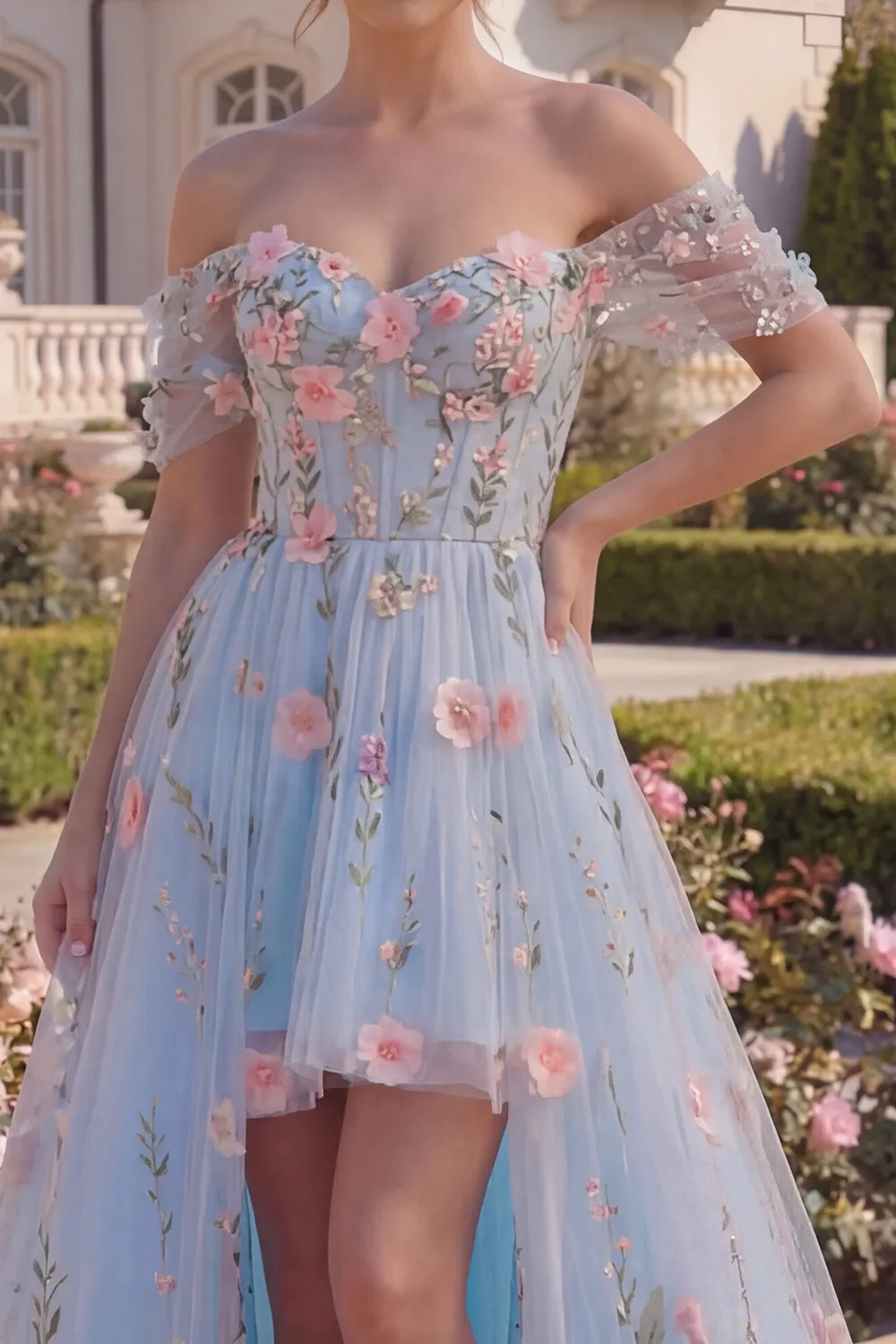 Blue Floral Off the Shoulder Tulle High Low Prom Dress sold by Wedtrend product image thumbnail 3