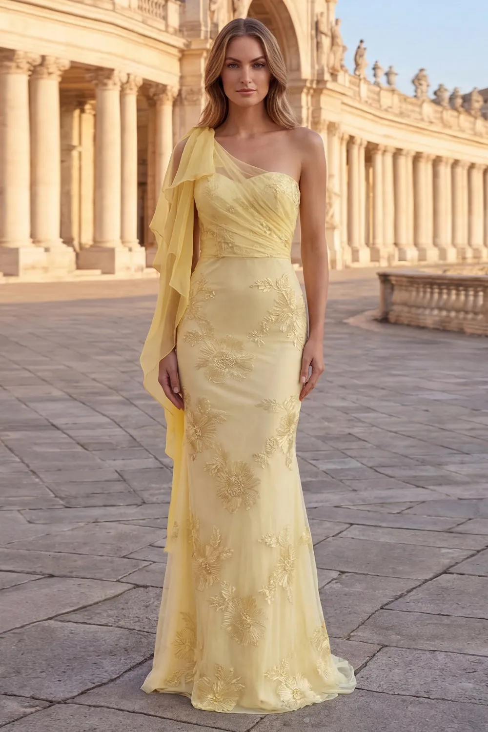 One Shoulder Yellow Mermaid Appliqued Long Prom Dress sold by Wedtrend