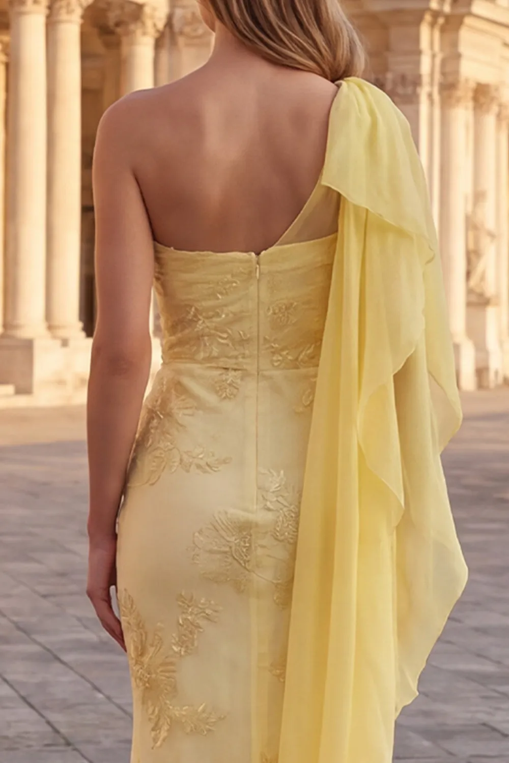One Shoulder Yellow Mermaid Appliqued Long Prom Dress sold by Wedtrend product image thumbnail 5