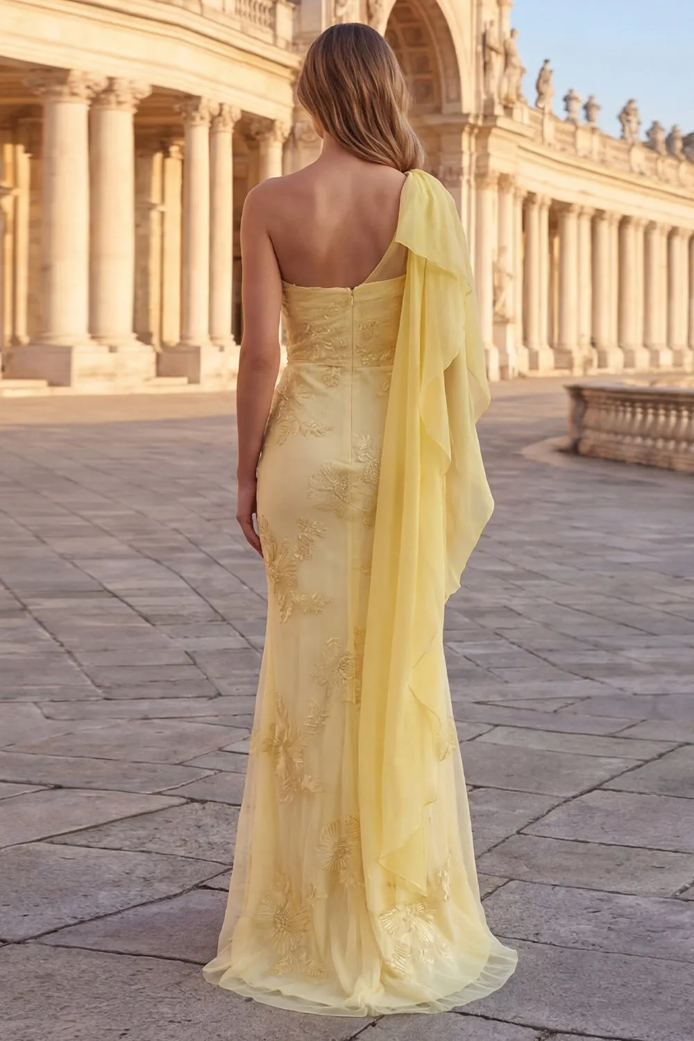 One Shoulder Yellow Mermaid Appliqued Long Prom Dress sold by Wedtrend product image thumbnail 2