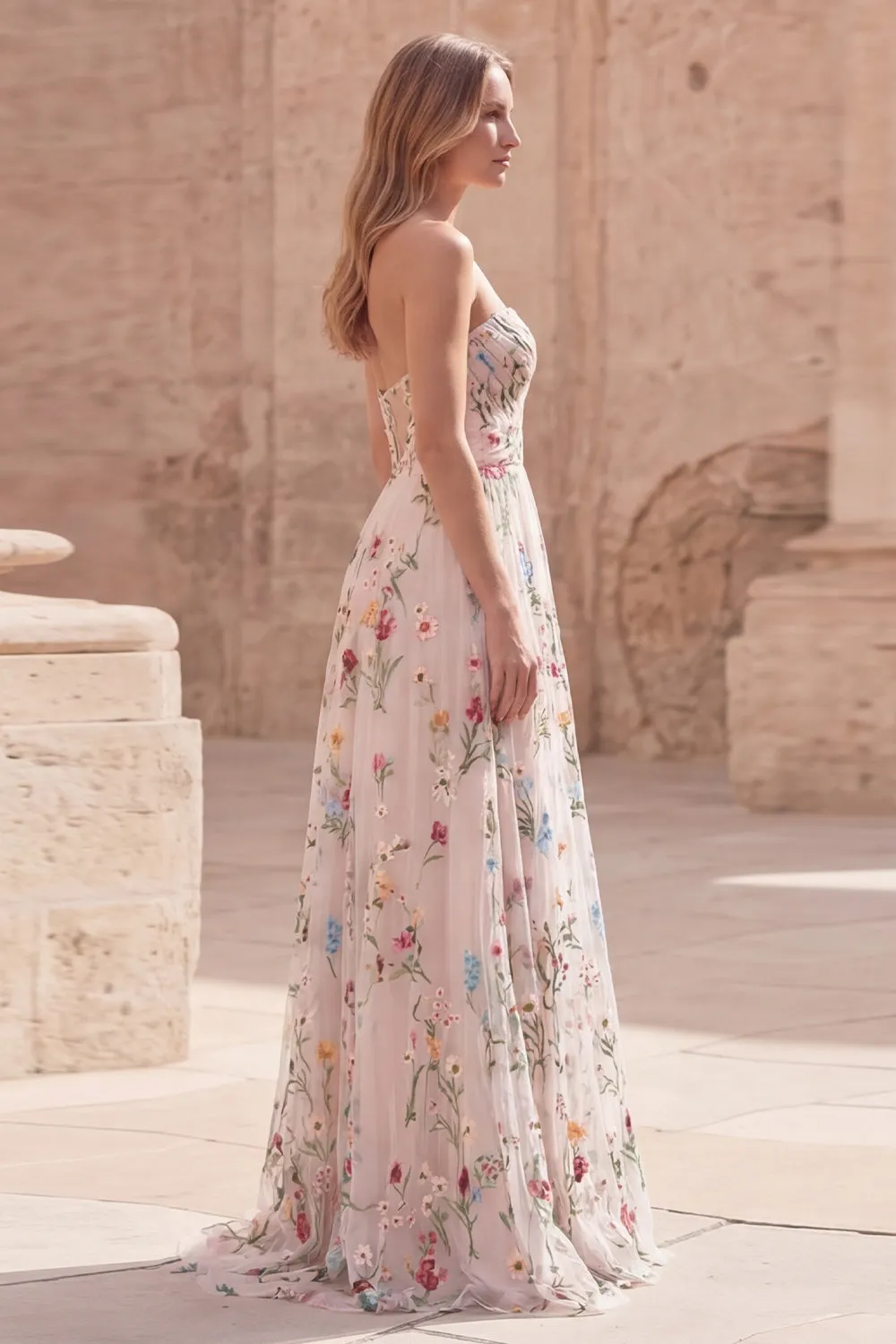 Ivory Floral Strapless A Line Ruched Maxi Prom Dress with Slit sold by Wedtrend product image thumbnail 3