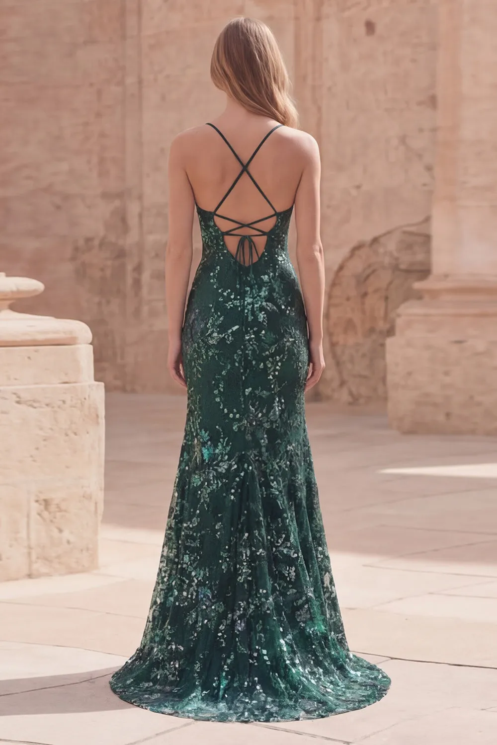Sparkly Dark Green Mermaid Appliqued Maxi Prom Dress with Slit sold by Wedtrend product image thumbnail 2