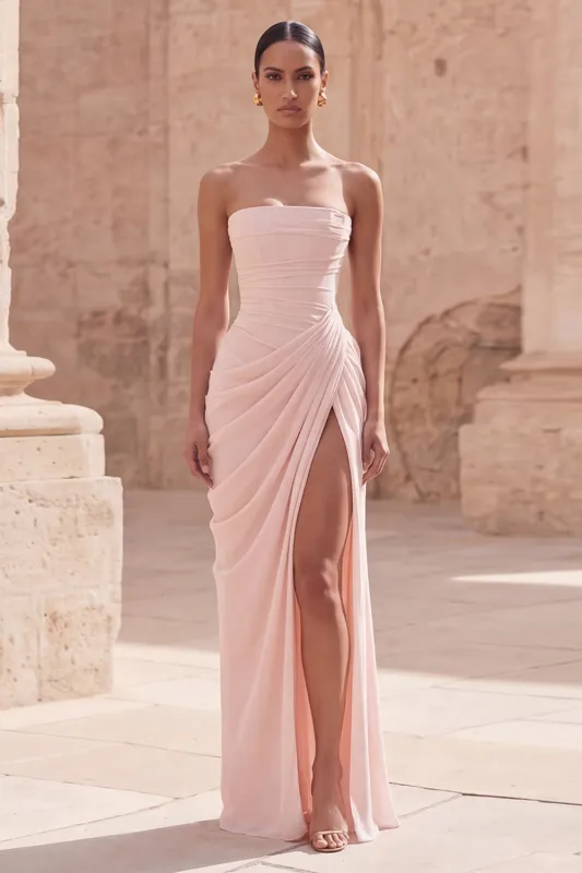 Light Pink Strapless Ruched Sheath Long Prom Dress with Slit made by Wedtrend