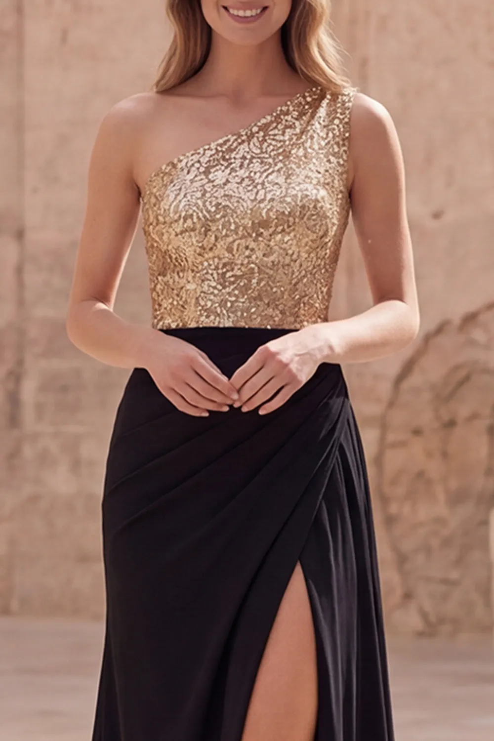 Gold and Black One Shoulder Sequin Maxi Formal Dress sold by Wedtrend product image thumbnail 4