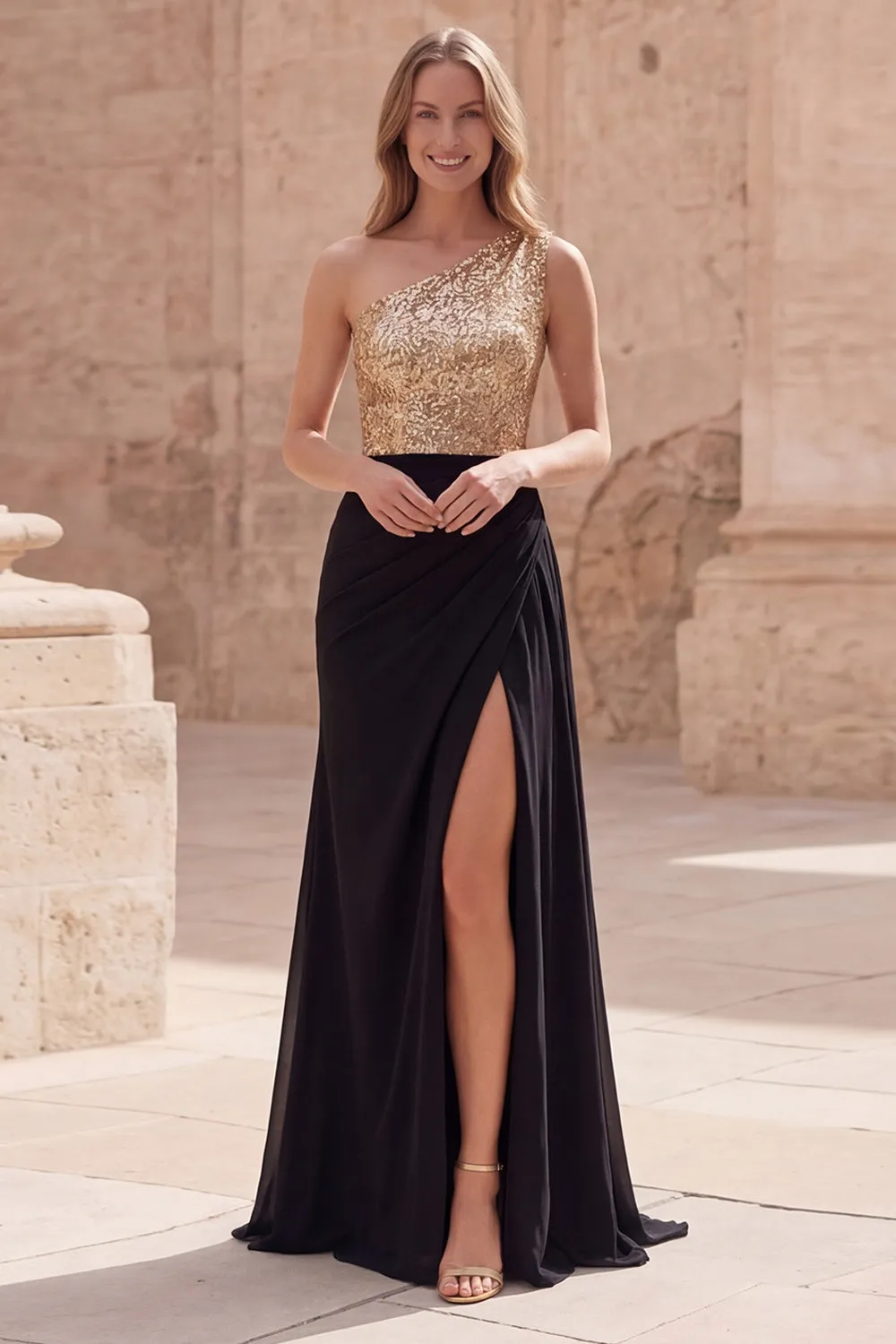 Gold and Black One Shoulder Sequin Maxi Formal Dress sold by Wedtrend