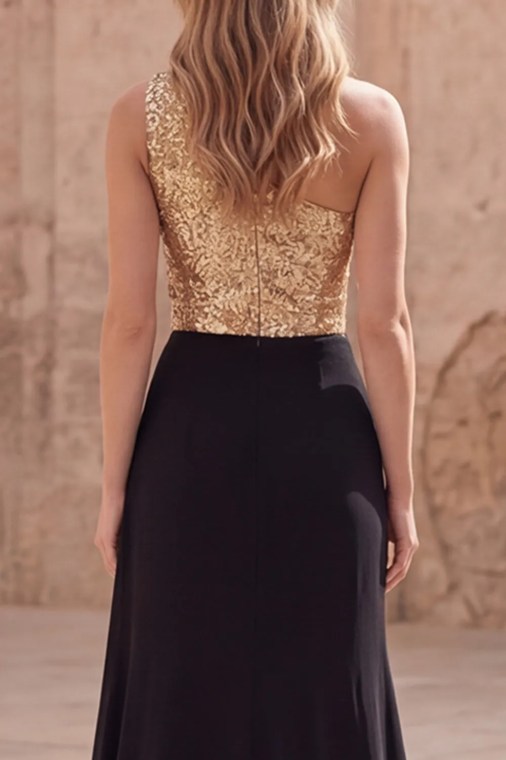 Gold and Black One Shoulder Sequin Maxi Formal Dress sold by Wedtrend product image thumbnail 5