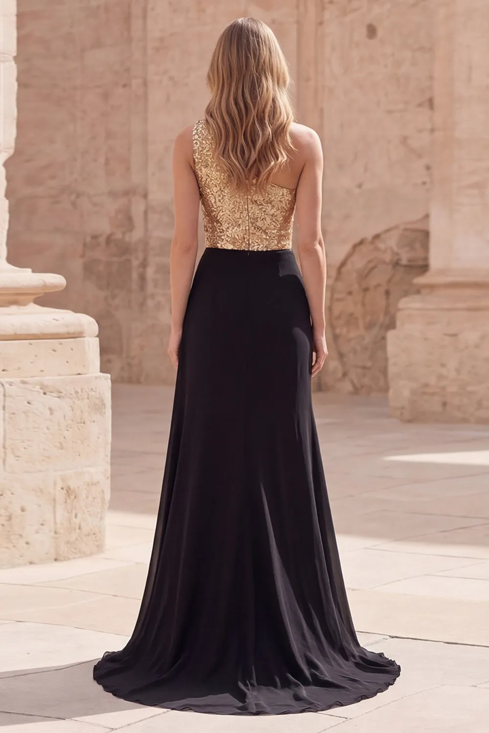 Gold and Black One Shoulder Sequin Maxi Formal Dress sold by Wedtrend product image thumbnail 2