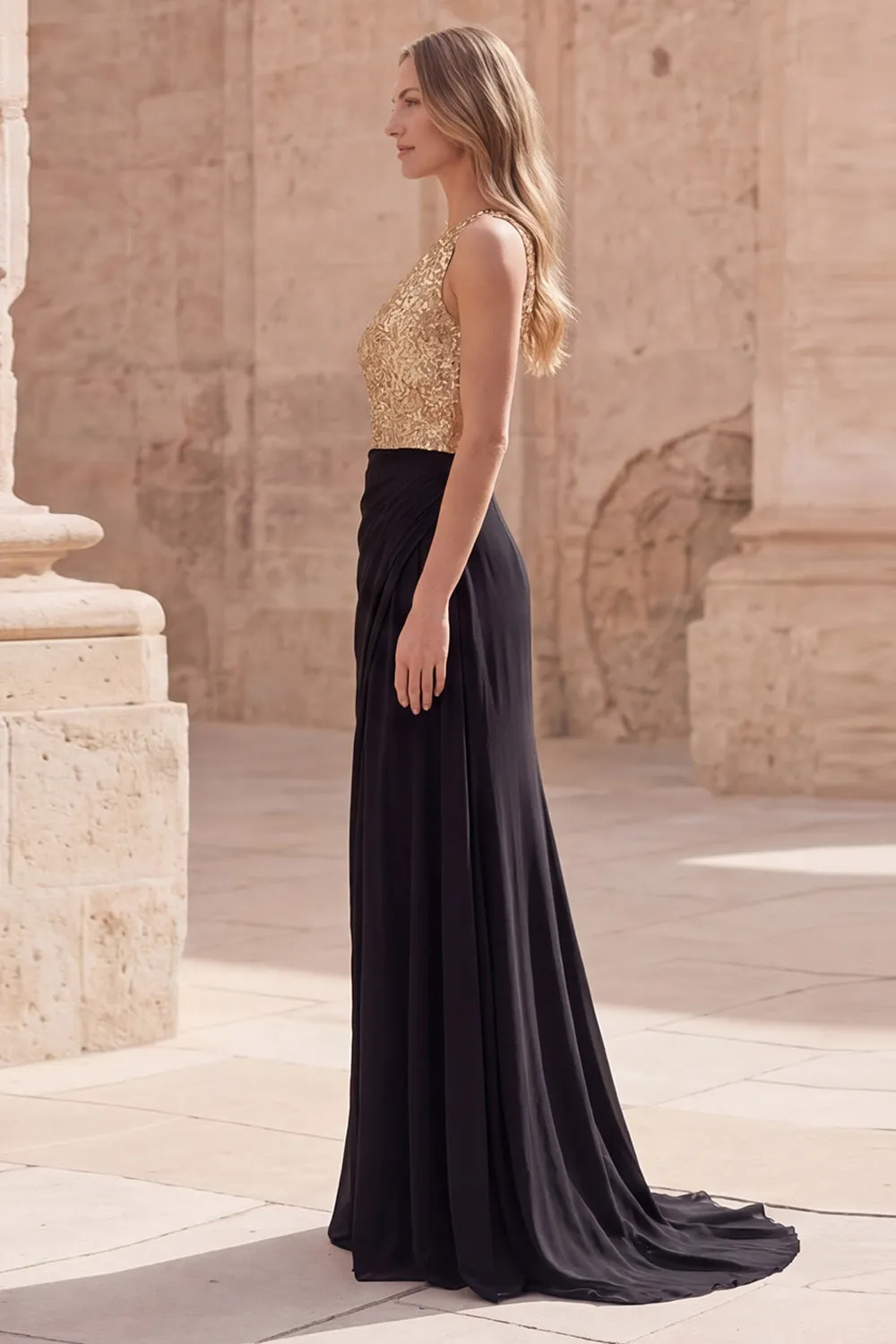 Gold and Black One Shoulder Sequin Maxi Formal Dress sold by Wedtrend product image thumbnail 3