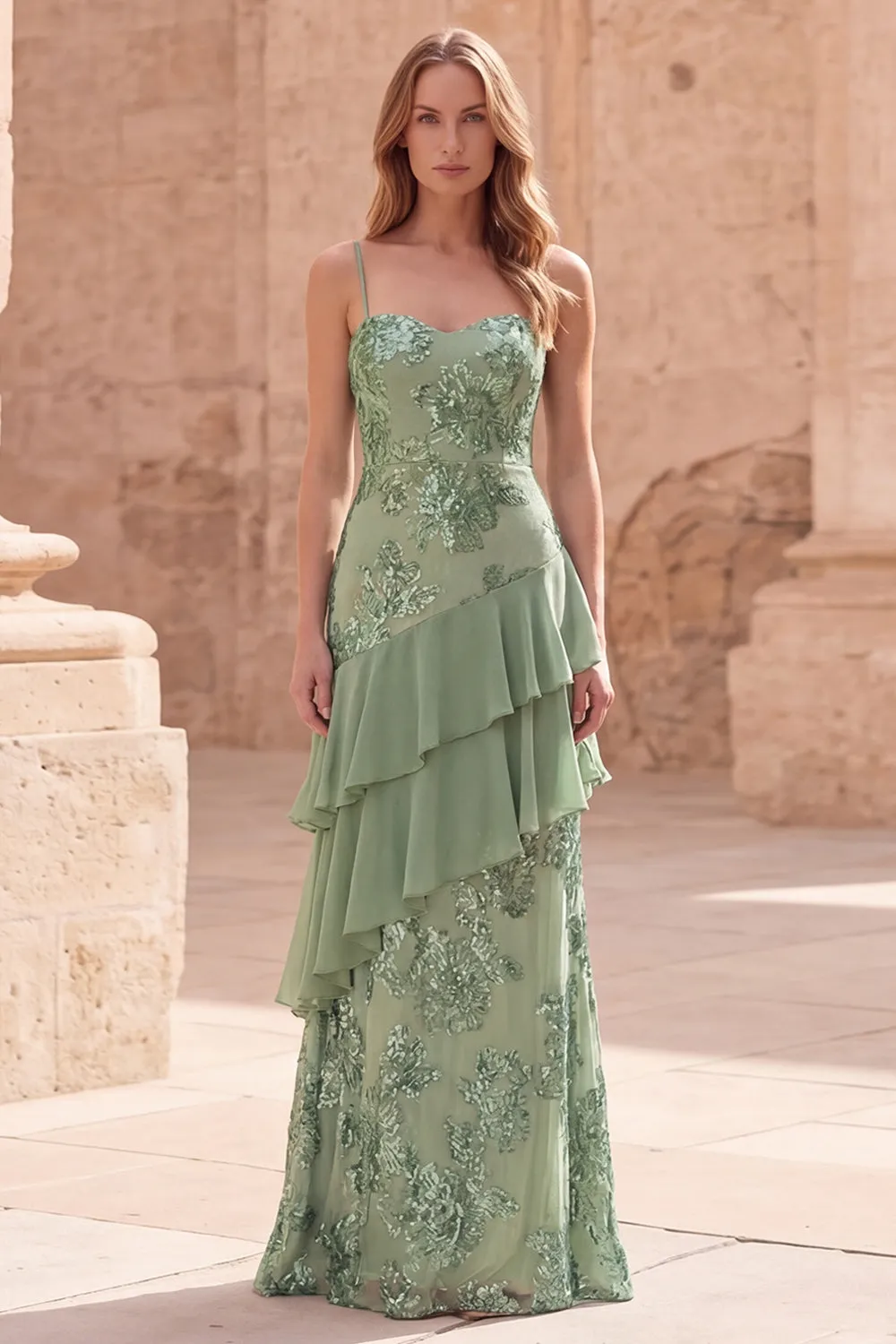 Sage Green Ruffled A Line Appliqued Maxi Prom Dress sold by Wedtrend