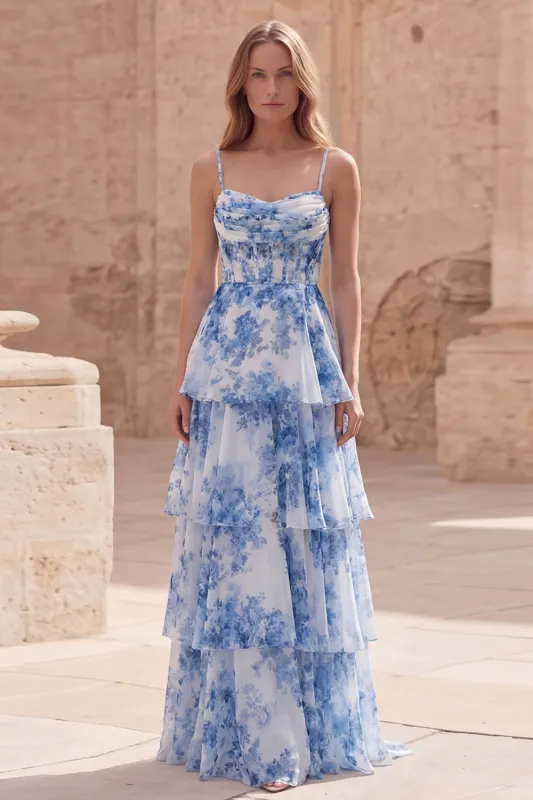 Blue Floral Tiered A Line Corset Maxi Prom Dress made by Wedtrend