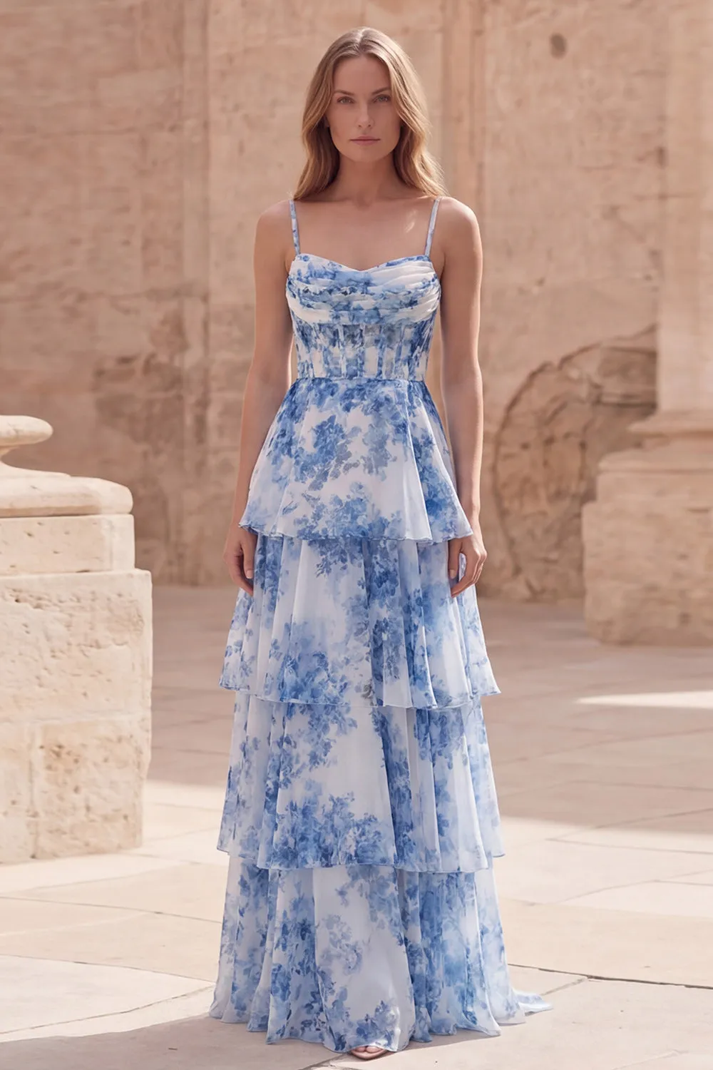 Blue Floral Tiered A Line Corset Maxi Prom Dress sold by Wedtrend
