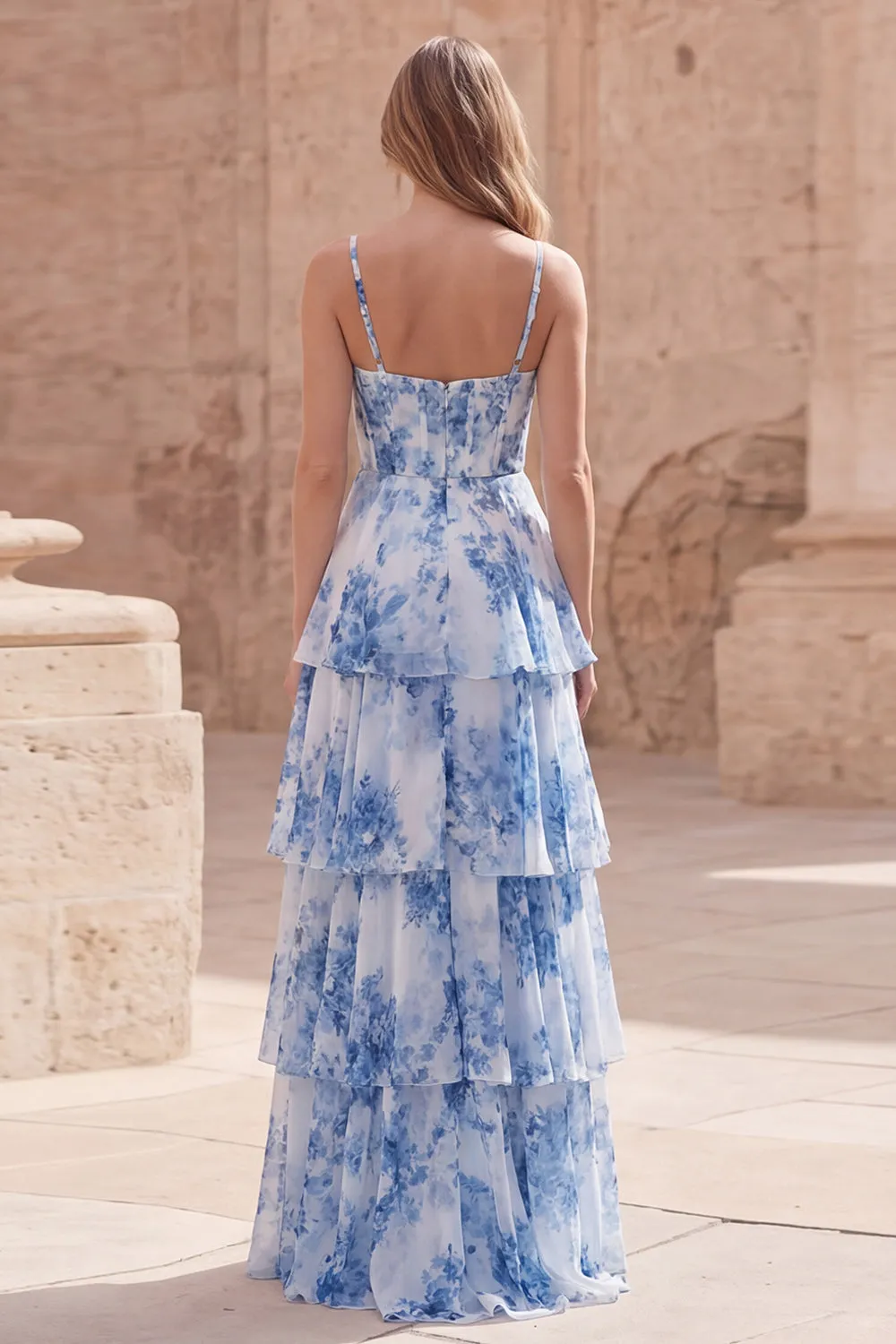 Blue Floral Tiered A Line Corset Maxi Prom Dress sold by Wedtrend product image thumbnail 2