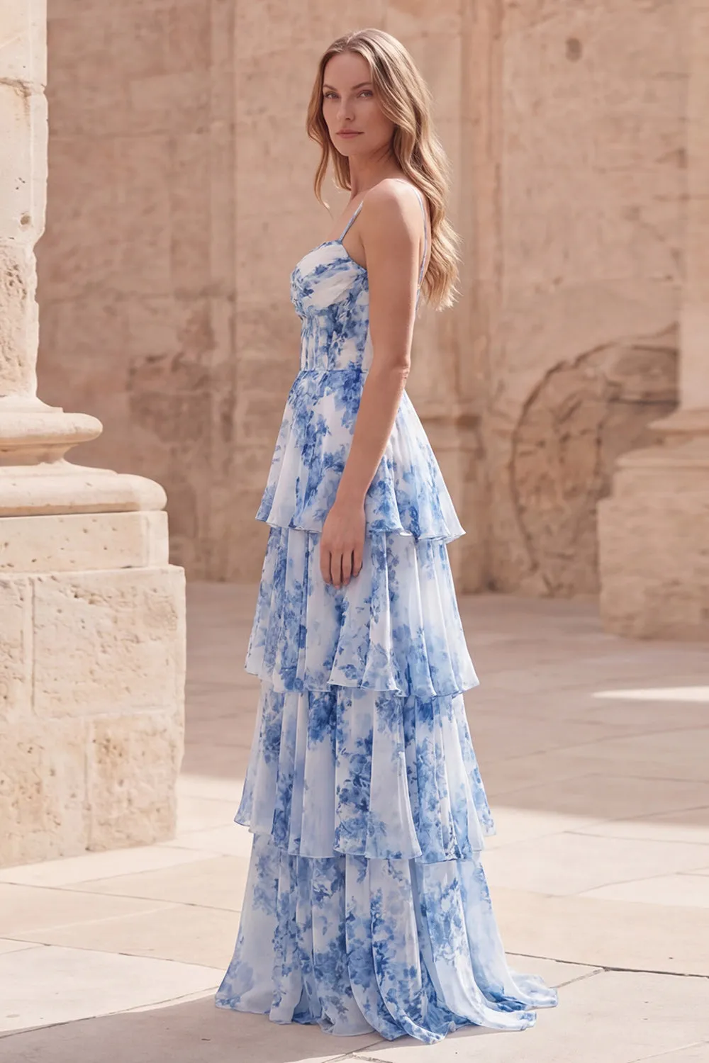 Blue Floral Tiered A Line Corset Maxi Prom Dress sold by Wedtrend product image thumbnail 3