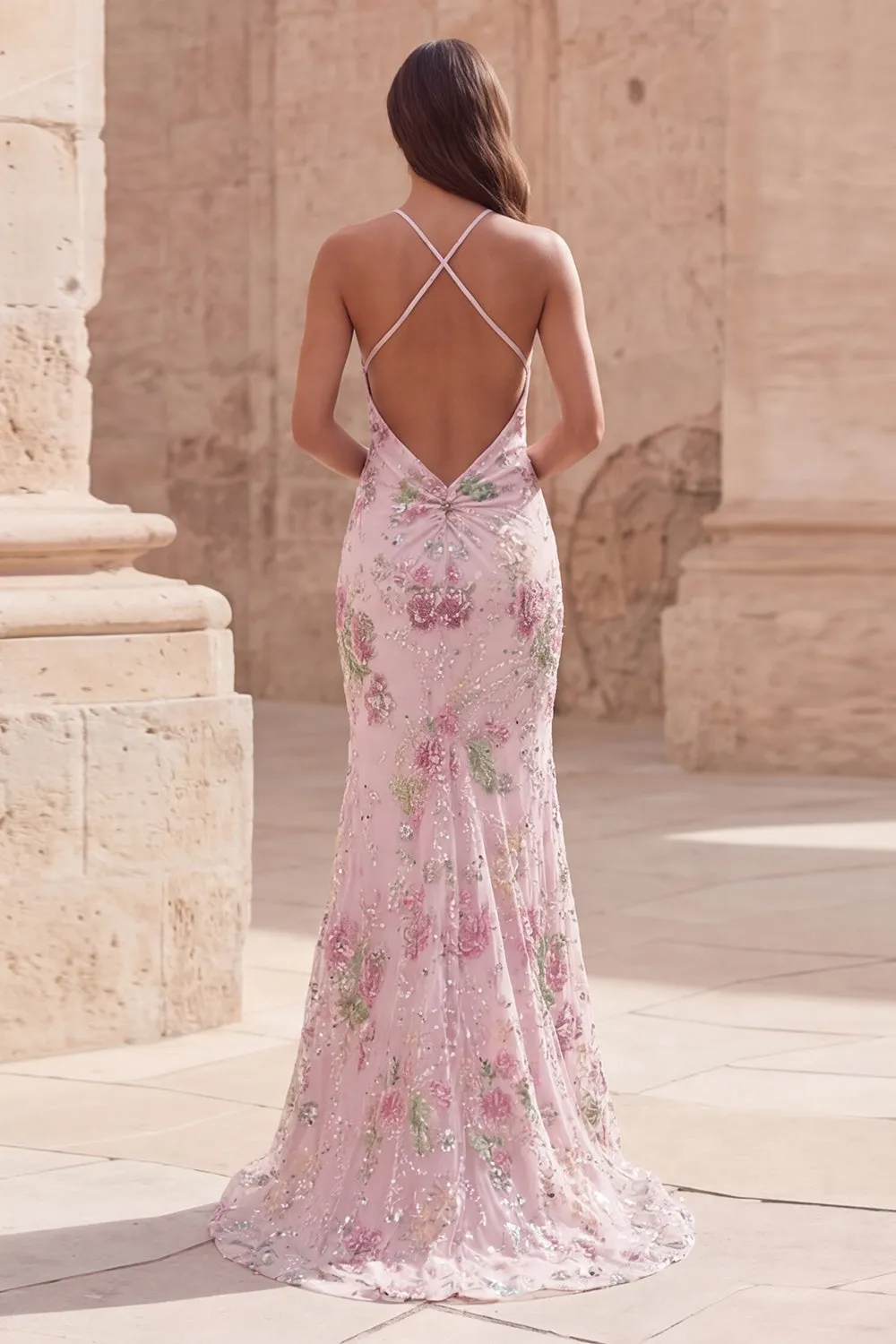 Halter Floral Pink Sequin Mermaid Maxi Prom Dress sold by Wedtrend product image thumbnail 2