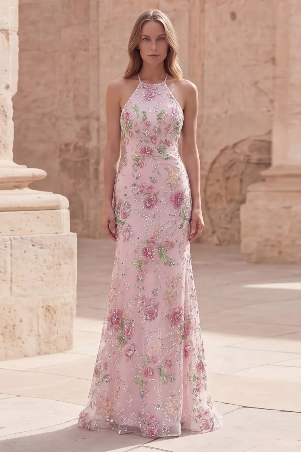 Halter Floral Pink Sequin Mermaid Maxi Prom Dress sold by Wedtrend