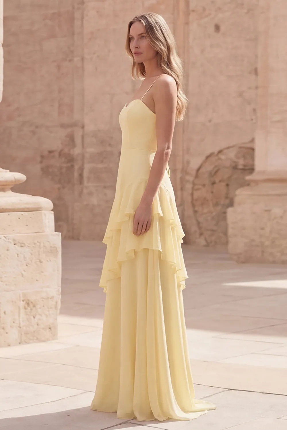 Yellow A Line Ruffled Maxi Bridesmaid Dress sold by Wedtrend product image thumbnail 3