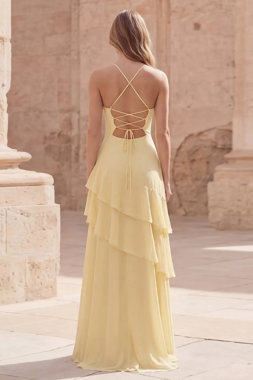 Yellow A Line Ruffled Maxi Bridesmaid Dress sold by Wedtrend product image thumbnail 2