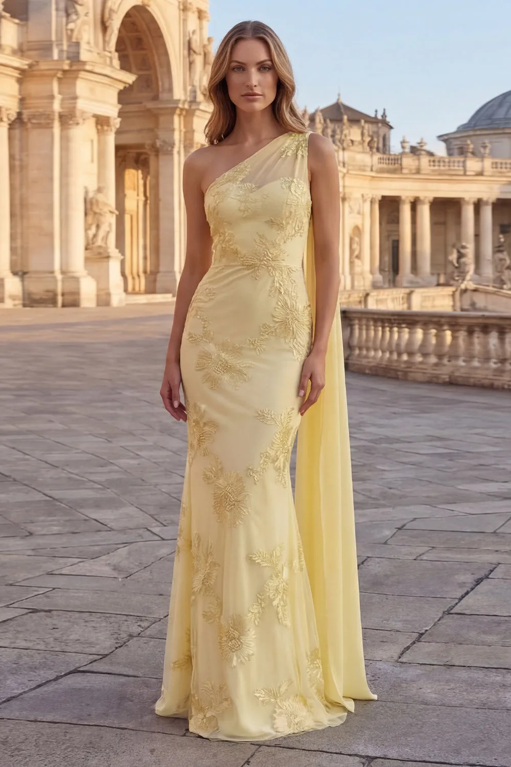 One Shoulder Mermaid Appliqued Yellow Prom Dress with Streamer sold by Wedtrend