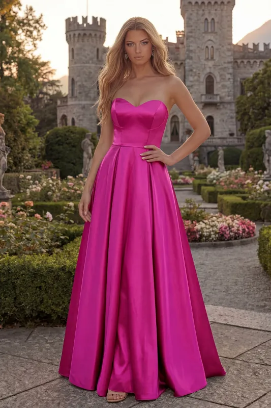 Fuchsia Strapless A Line Satin Maxi Prom Dress made by Wedtrend