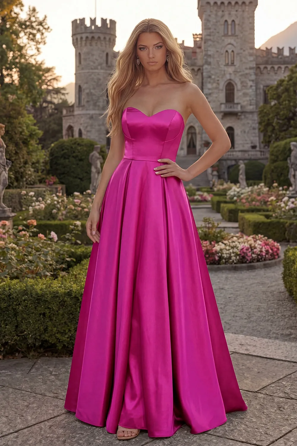 Fuchsia Strapless A Line Satin Maxi Prom Dress sold by Wedtrend