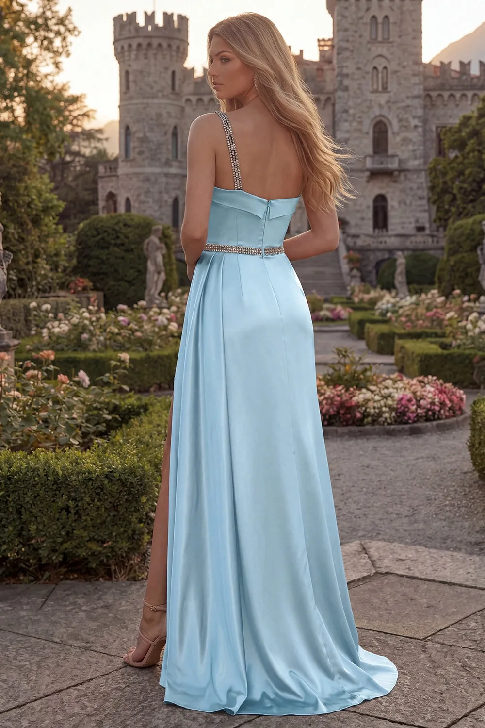 One Shoulder Light Blue A Line Ruched Prom Dress with Slit sold by Wedtrend product image thumbnail 2