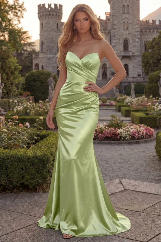 Green Mermaid Satin Ruched Strapless Prom Dress made by Wedtrend