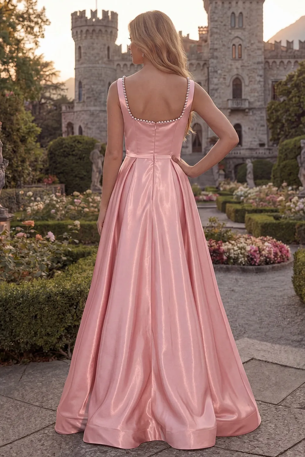 Blush Satin A Line Square Neck Pearl Prom Dress with Slit sold by Wedtrend product image thumbnail 2