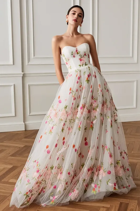 Floral White A-Line Strapless Long Prom Dress made by Wedtrend