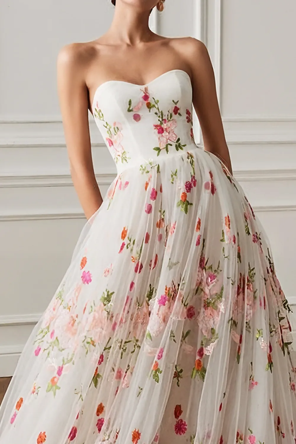 Floral White A-Line Strapless Long Prom Dress sold by Wedtrend product image thumbnail 2