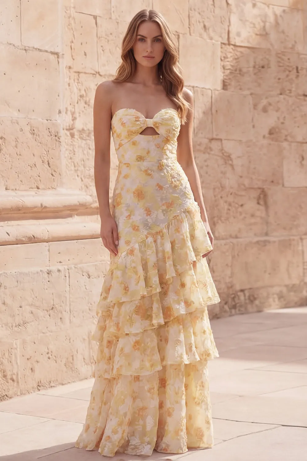 Strapless Yellow Tiered Cut Out Floral Prom Dress sold by Wedtrend