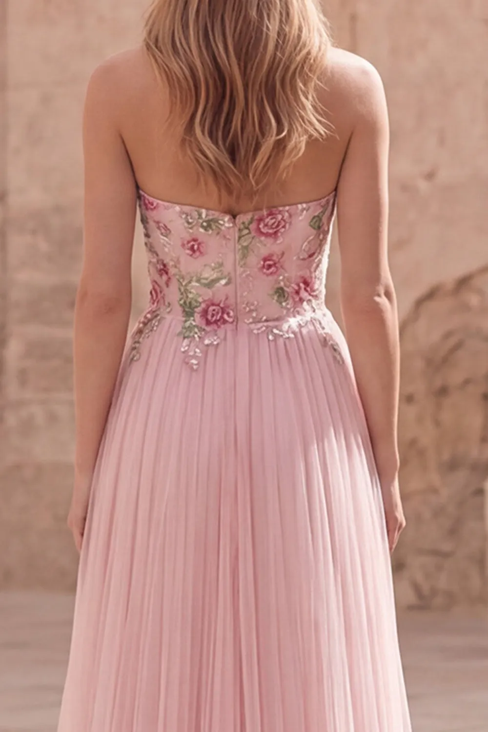 Pink Strapless A Line Appliqued Tulle Prom Dress sold by Wedtrend product image thumbnail 5