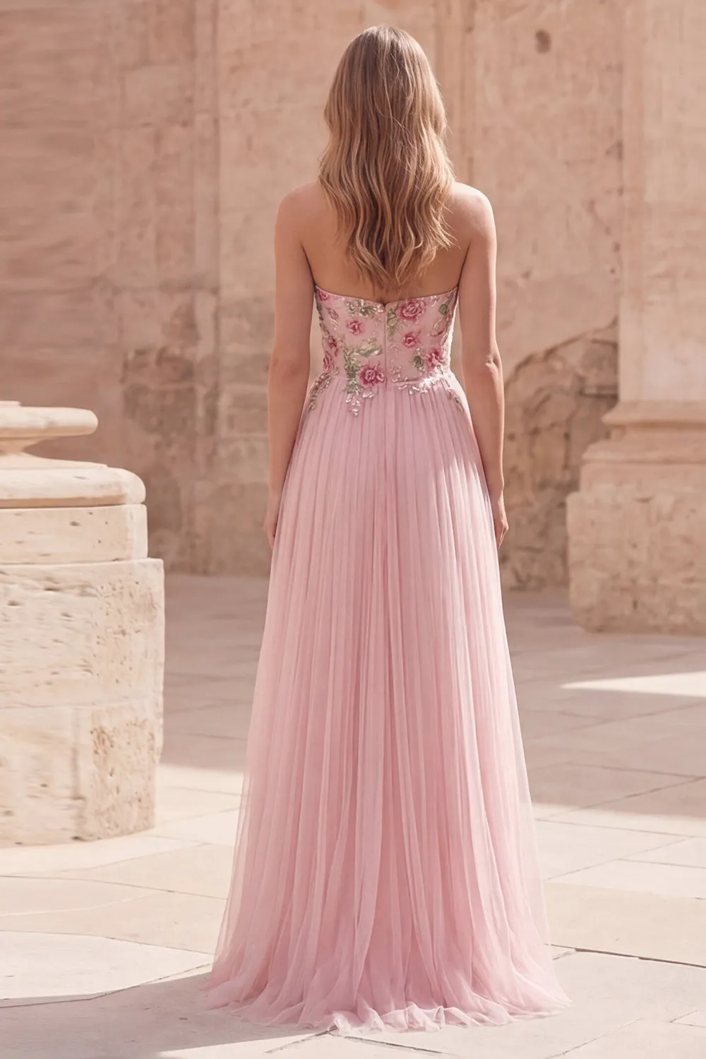 Pink Strapless A Line Appliqued Tulle Prom Dress sold by Wedtrend product image thumbnail 2