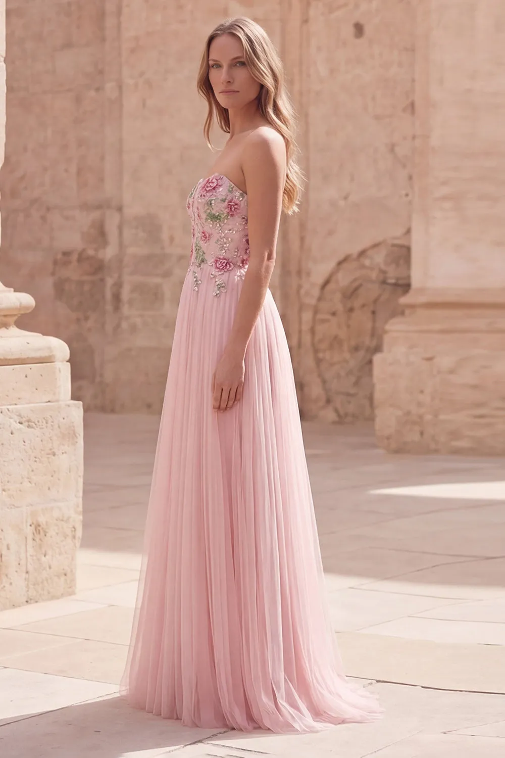 Pink Strapless A Line Appliqued Tulle Prom Dress sold by Wedtrend product image thumbnail 3